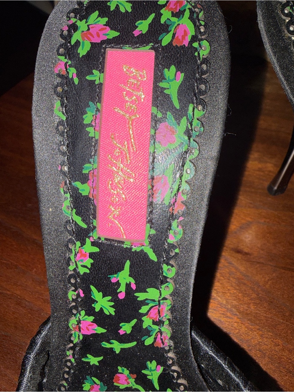 Betsey Johnson Black Satin Bow Mules with Pink & Green Floral Insole - Picture 2 of 6